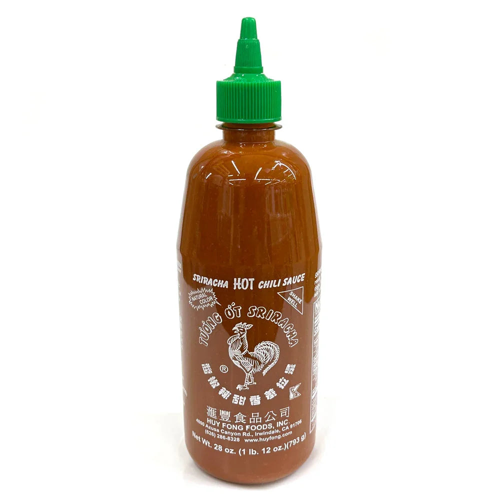 Huy Fong Sriracha Chili Sauce bottle featuring iconic rooster logo and bold garlic-red color.